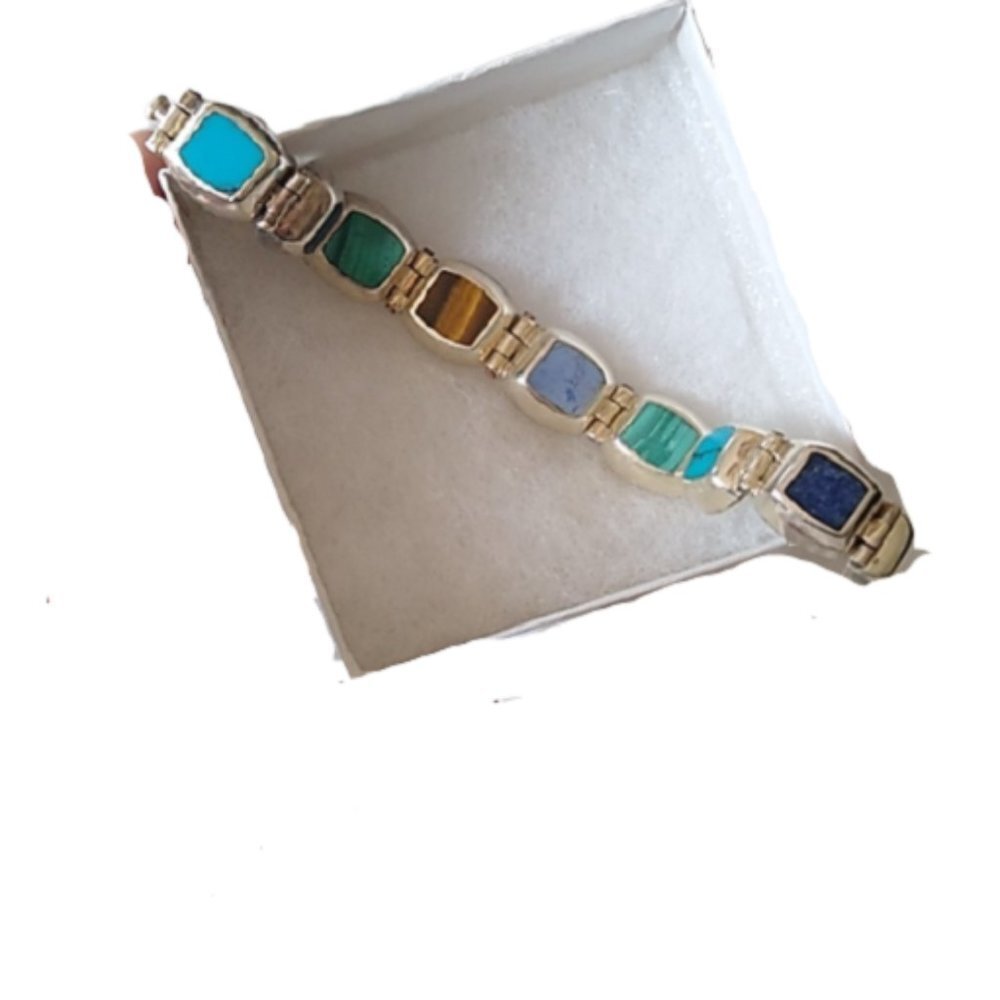 Sterling Silver Taxco Mexico Bracelet w/ Multicolor Stones 7.5" Heavy Turquoise+